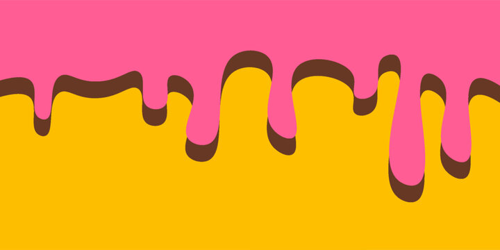 Cute abstract melting liquid border vector asset on bright yellow background. Wavy pink cream drip horizontal banner template