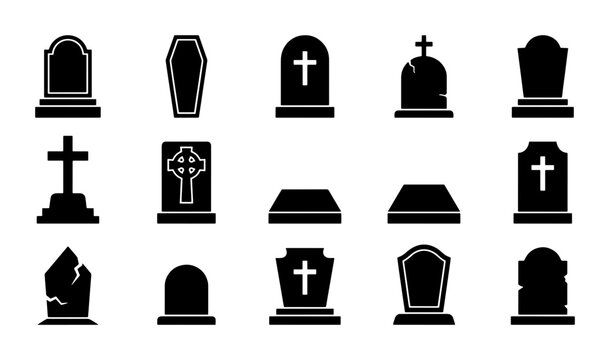 Gravestone silhouette icons set, cemetery headstone vector collection, 14 funeral burial symbols