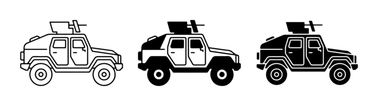 Military armored vehicle icons, tactical off-road truck vector set, black and white army transport