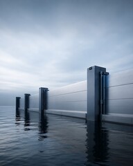 Obraz premium A minimalist, modern flood barrier system with vertical pylons rising from calm water under a cloudy sky.