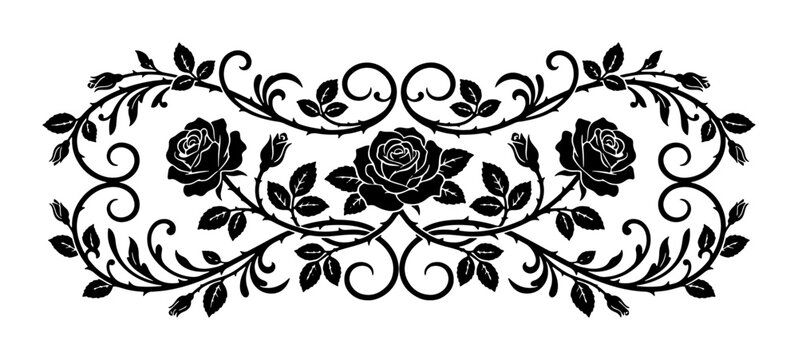 Vintage rose floral border vector, black rose vine silhouette, elegant botanical scroll divider
