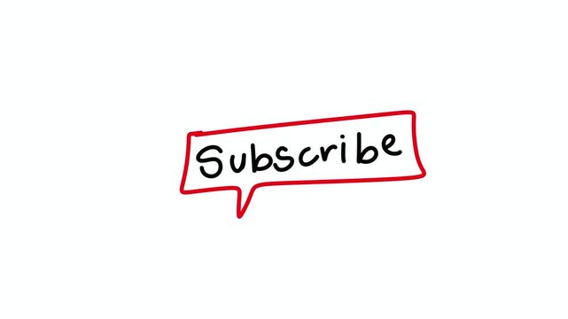 Animated doodle Subscribe speech bubble CTA button, red border black handwritten text on white, 4K landscape, scale-up loop animation for YouTube and social media content creators.