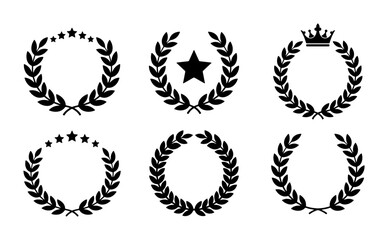 Obraz premium Laurel Wreath Icons Set, Victory Award Emblems, Crown and Star Badges, Vector Graphics for Recognition