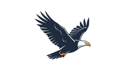 Fototapeta premium Powerful bald eagle with dark feathers and white head is captured in a dynamic flight pose with its impressive wingspan fully extended for hunting.