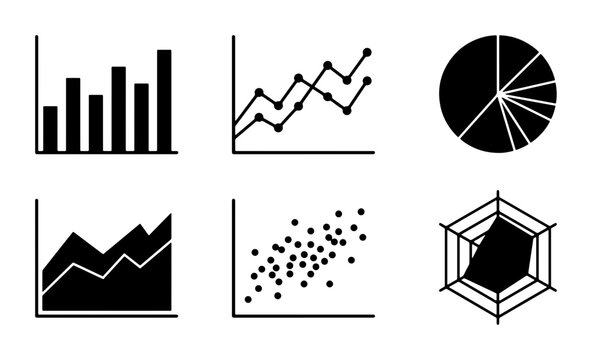 Business Data Visualization Icons: Bar, Line, Pie, Area, Scatter, Radar Charts