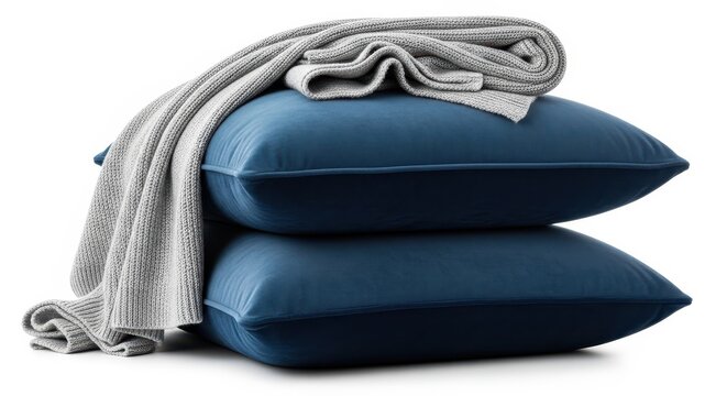 Two blue velvet pillows stacked with a grey knitted throw blanket isolated on white background