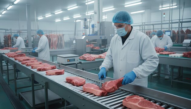 Workers processing raw beef meat steaks on automated conveyor line in factory
