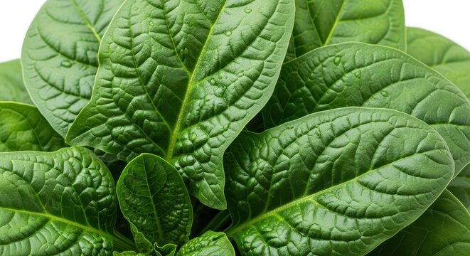Fresh green spinach leaves with water droplets isolated on white background