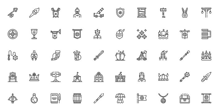 Medieval icon set. Medieval vector icon pack. Featuring door key, torch, shield, warrior, sword, crown, castle, knight, helmet, dagger, crossbow and more. Editable vector stroke.