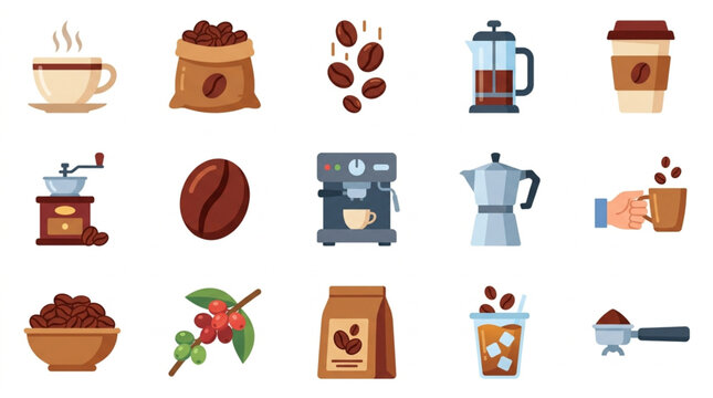 Collection of Coffee Related Items and Drinks.