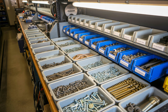A workbench with organized hardware and fasteners workshop organization