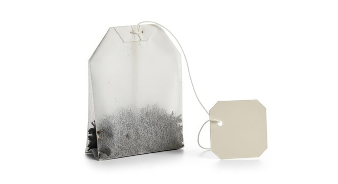 Tea bag with a blank tag isolated on white background