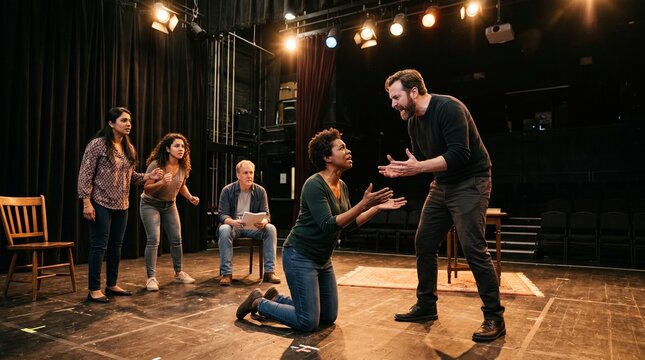 Group of diverse adults passionately rehearsing a dramatic scene on a theater stage under spotlights as part of a performing arts hobby class
