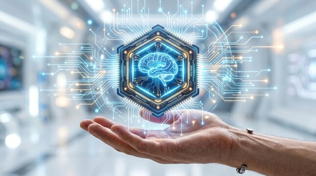 Futuristic microchip with brain icon and digital circuit lines floating above human hand on bright light background