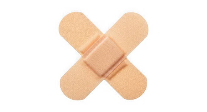 Two adhesive bandages arranged in an x shape, isolated on transparent background