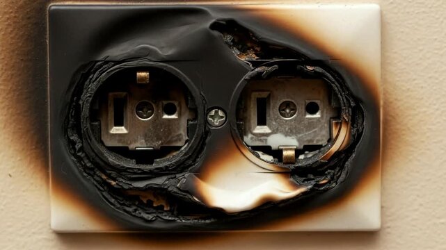 Damaged electrical outlet with burn marks on wall  