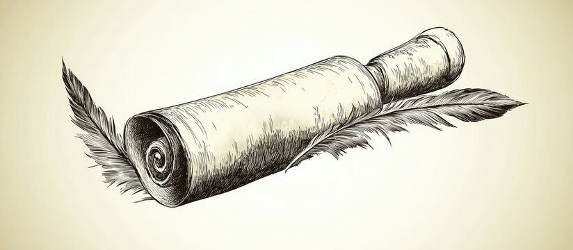 A rolled-up parchment lies on a quill with feathers beside it