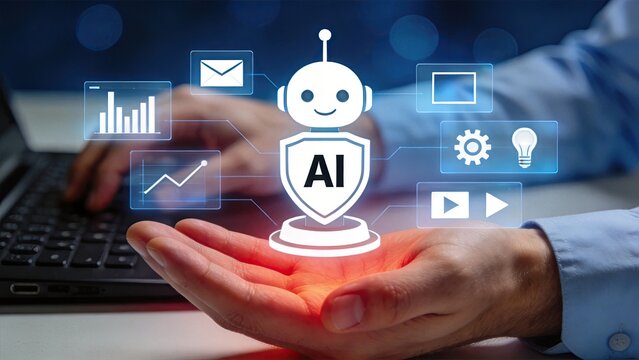 Human hand holding glowing hologram of friendly AI robot with shield, symbolizing artificial intelligence security, protection, cybersecurity, tech support, and safe digital