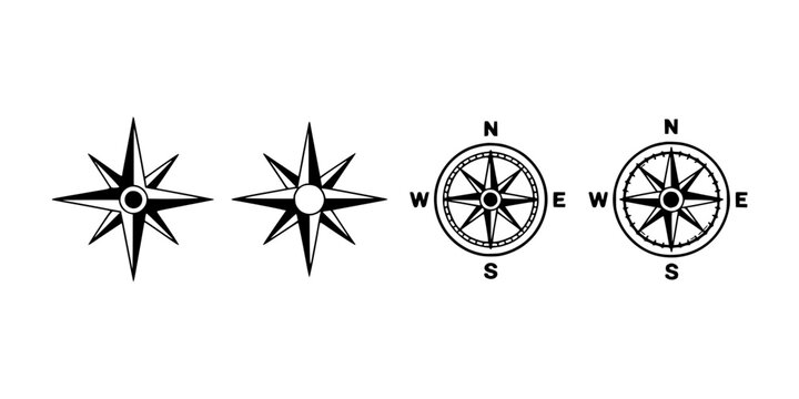 Compass Rose Icon Set with Black Nautical Star Design and Cardinal Directions, Vector Style for Navigation and Marine Maps