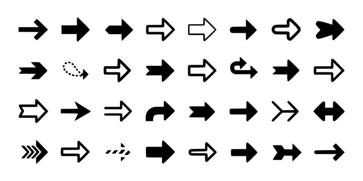Arrows in Various Styles and Directions on a White Background Featuring Direction, Symbols, Black with Graphic and Design Elements for Vector