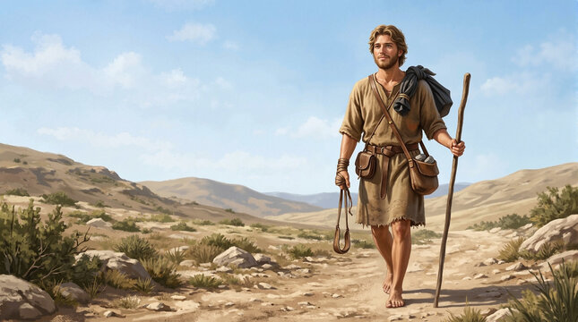 Biblical scene with Moses walking on path through desert landscape, carrying a staff and sling. Moses is dressed in traditional attire, reflecting cultural history of ancient times.