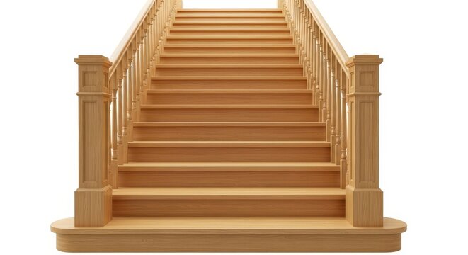 Classic wooden staircase with handrails and balusters isolated on white background