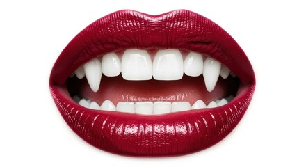 Fototapeta premium Closeup of a smiling mouth with sharp vampire fangs and glossy dark red lipstick isolated on white background