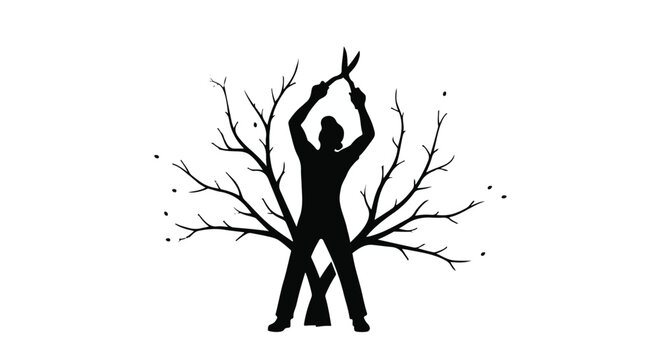 Silhouette of a person pruning a tree, symbolizing growth and care