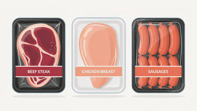 Pixel art set of raw meat chicken breast and sausages in plastic packaging trays Vector