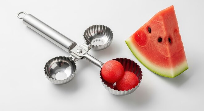 Doublesided melon baller scoop with fresh watermelon balls isolated on white background