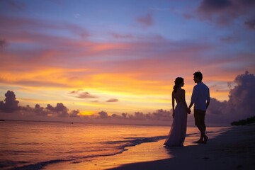 Fototapeta premium Couple waking photography sunset beach.