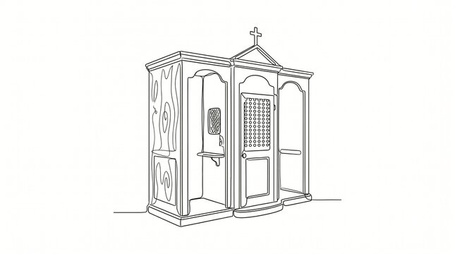 Confessional booth design with religious symbols in minimalist style  
