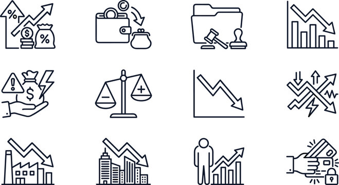 Black outline business finance icons with decreasing arrows market recession money risk scales and credit card security graphics