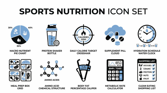 collection of flat vector icons related to sports nutrition, including a macro nutrient pie chart, protein shaker bottle, daily calorie target crosshair, supplement pill cloud, hydration schedule 