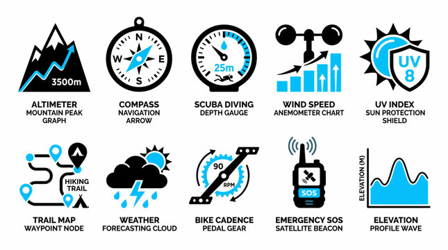 collection of 10 flat design icons depicting various outdoor activity tools and instruments, such as navigation compass, altimeter, scuba diving depth gauge, and emergency SOS satellite beacon.