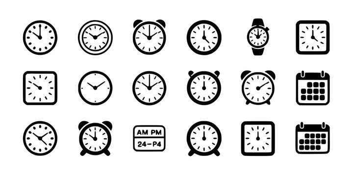 Clocks and Calendars in Various Styles and Designs, Including Analog and Digital Formats, Showcasing Different Times and Dates