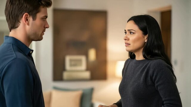 Young an upset woman pushing her partner away in a tense home interior, beige blue and brown colors, relationship conflict and emotional distance concept
