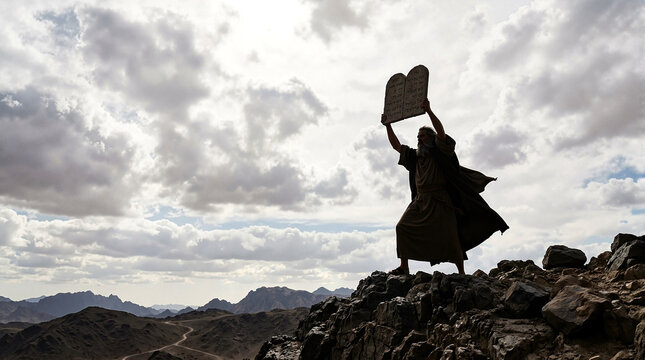 Moses holding commandments on mountain top against dramatic sky. Biblical scene depicts Moses with stone tablets raised high while standing atop rocky mountain.