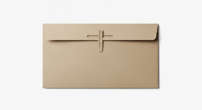 A minimalist beige paper envelope with a string tie closure isolated on white background
