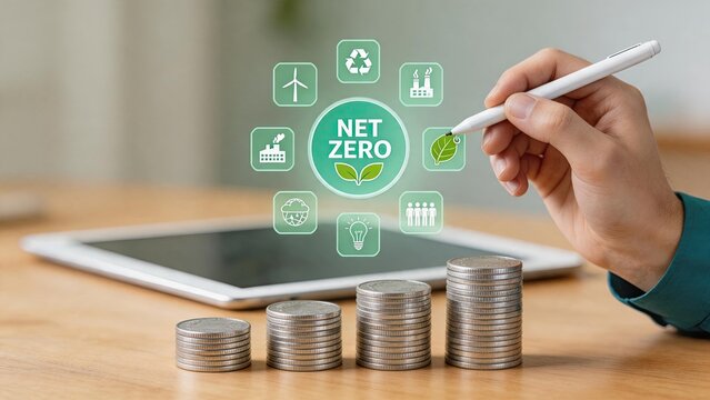 Net zero sustainability concept with green icons, hand drawing on tablet, growing coins stack for eco finance investment, renewable energy and carbon neutral strategy for business