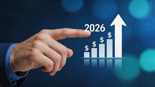 2026 financial growth forecast with rising bar chart, dollar signs and hand pointing up, business projection, revenue increase and economic success strategy for future planning