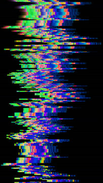 Vertical blue and green pixel sorting glitch overlay with digital interference and RGB split on black background. Suits surreal fashion and electronic music design