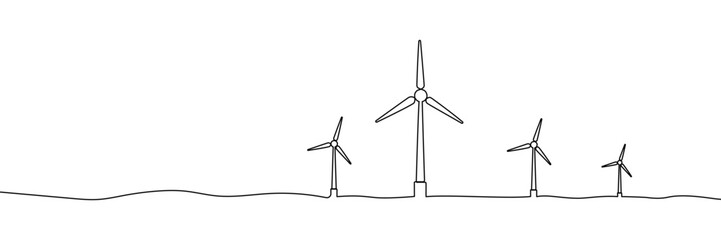 Obraz premium Line wind energy continuous art one drawing windmill sustainable renewable. Line wind energy power vector solar farm sketch icon mill turbine panel environment outline green plant illustration sun