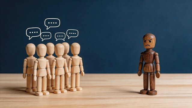 Angry wooden doll facing a group of whispering figures, bullying exclusion and isolation concept, peer pressure and gossip metaphor, loneliness and rejection in society or