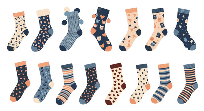 Large array of colorful socks features various whimsical patterns such as hearts, stripes, animal faces, and geometric shapes for fashion.