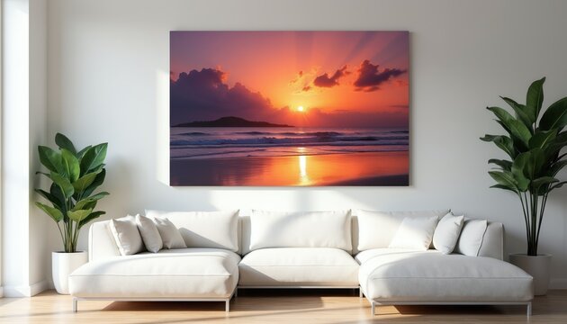 Modern interior with large canvas print of vibrant ocean sunset seascape above sectional sofa. Two large green potted plants flank the sofa, enhancing home decor with natural elements and art.