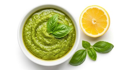 Obraz premium Bowl of fresh green pesto sauce with basil leaves and lemon slice isolated on white background