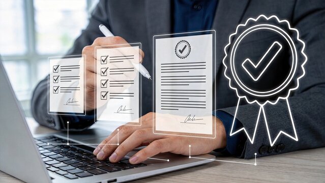 Professional person signing legal documents on laptop, digital contract approval process, checklist verification, authorized seal stamp, business agreement signature, corporate