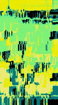 Yellow and teal pixel sorting glitch background with digital distortion and scanline circuitry flickering on a seamless loop. Suits Y2K banner design and synthwave music video composition