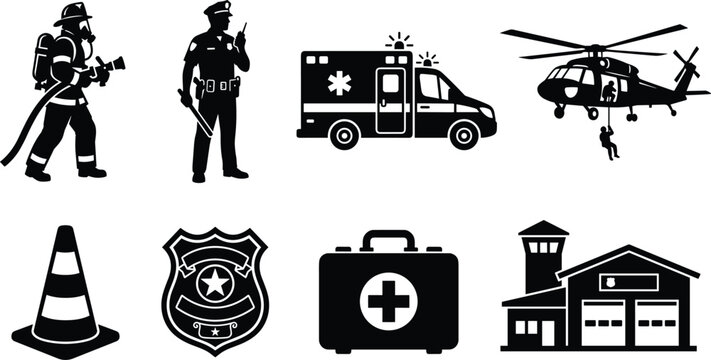 Emergency and public safety silhouette vector collection featuring firefighter police officer ambulance helicopter rescue and safety equipment